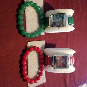 Watches with stones of red coral and emerald